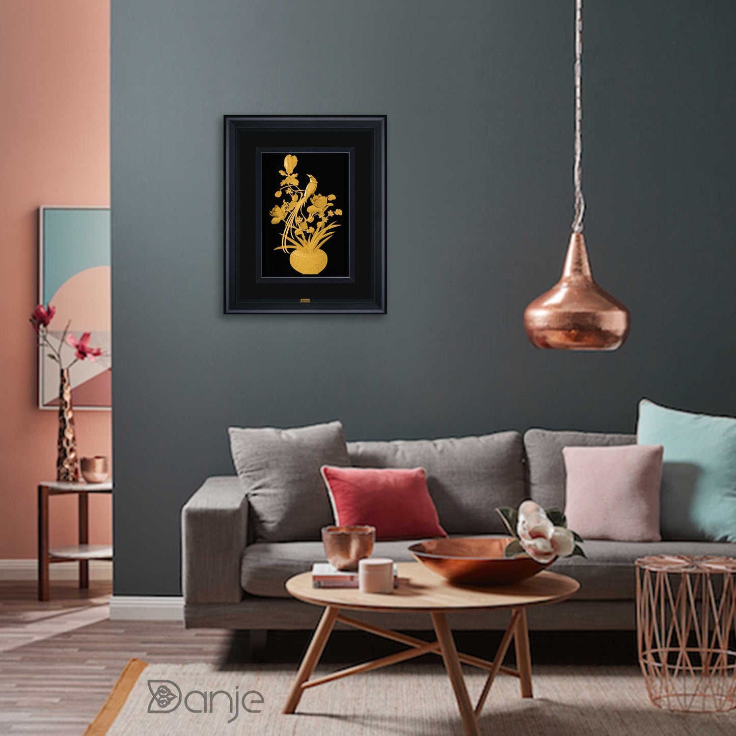 Wandbild, Blumenvase mit Vogel aus 24 Karat Blattgold, 58*43cm, Weiß-Gold Rahmen
