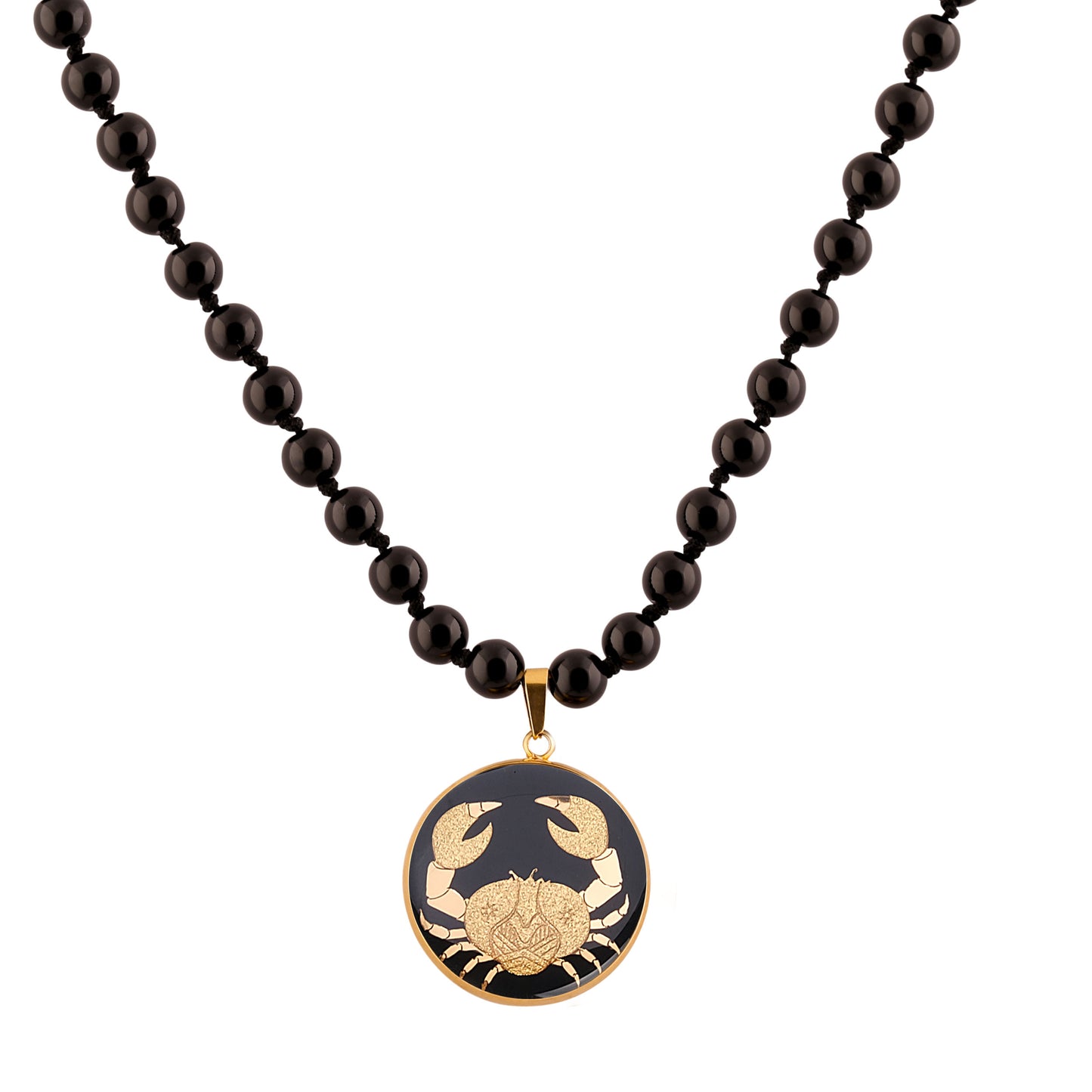 Necklace, zodiac sign Cancer, 24 carat gold leaf, stainless steel, onyx gemstone