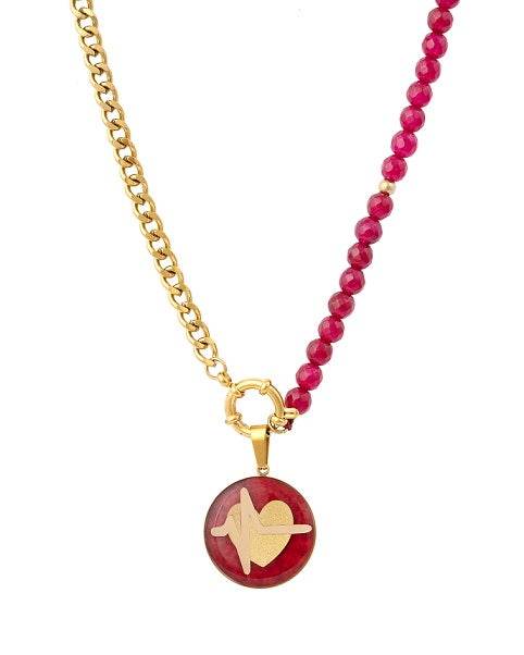 Necklace with heart pendant made of 24 carat gold leaf, red jade, stainless steel