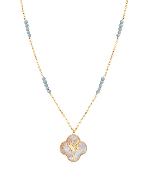 Necklace with angel pendant made of 24 carat gold leaf, grey agate