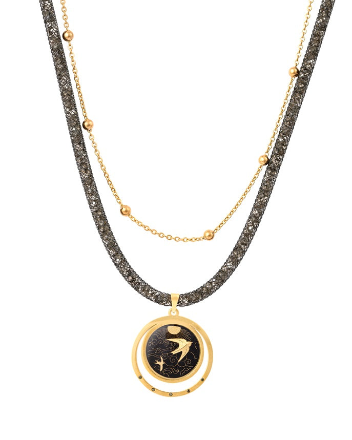 Necklace with pendant, Afaq design, 24 carat gold leaf, anti-allergic stainless steel