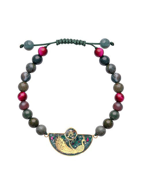 Agate stone bracelet, peacock design made of 24 carat gold leaf