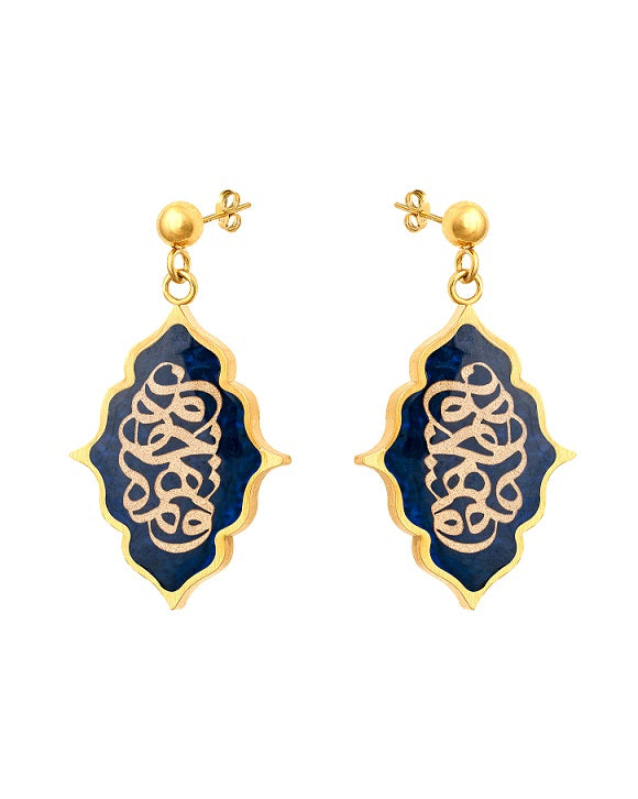 Earrings, To jane mani design made of 24 carat gold leaf and dark blue agate, anti-allergic stainless steel