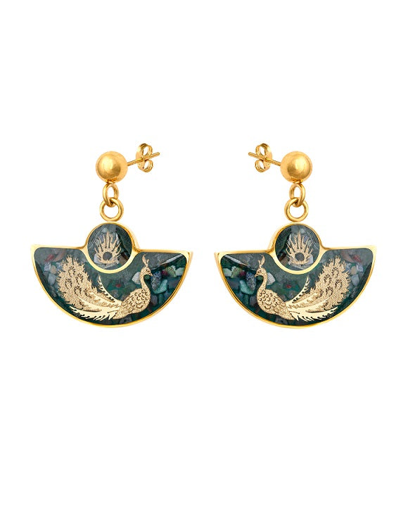 Earrings, peacock made of 24 carat gold leaf, agate, anti-allergic stainless steel