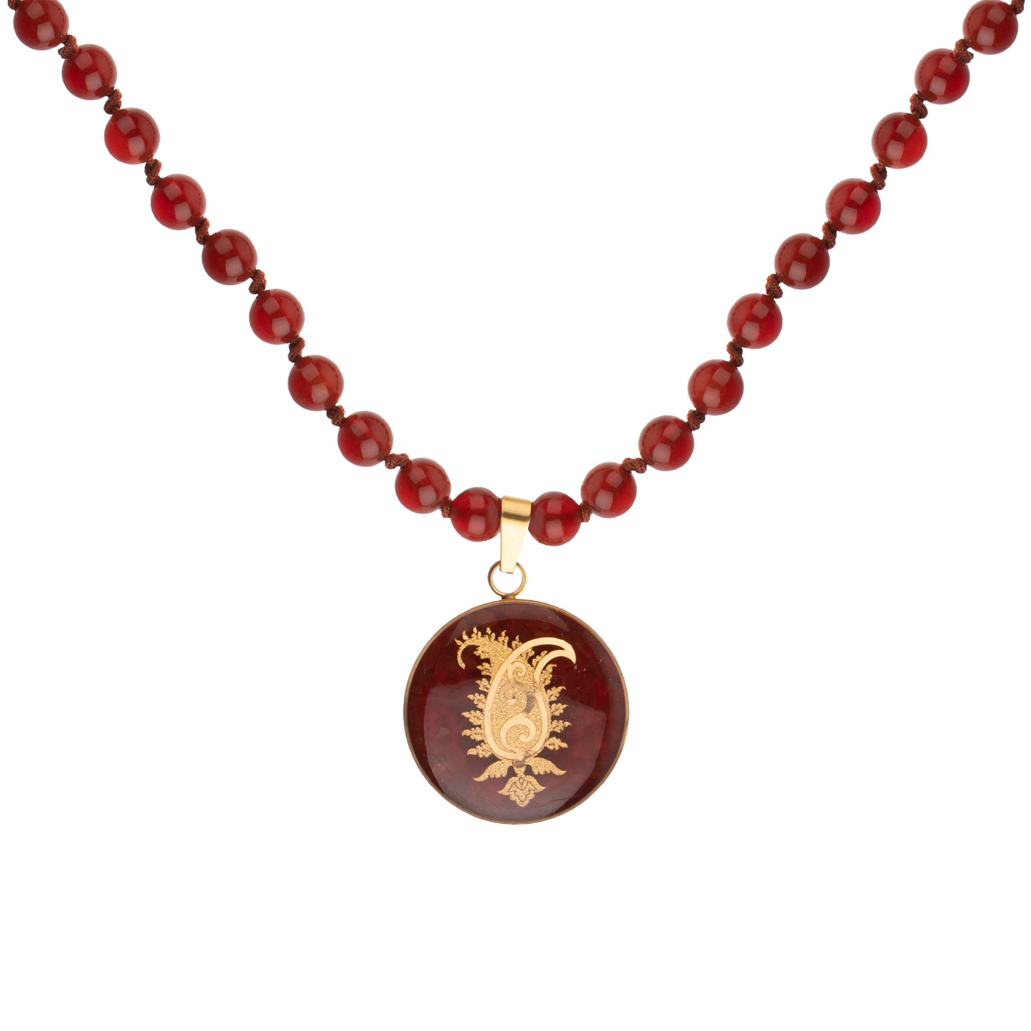 Agate necklace with paisley pendant, 24 carat gold leaf