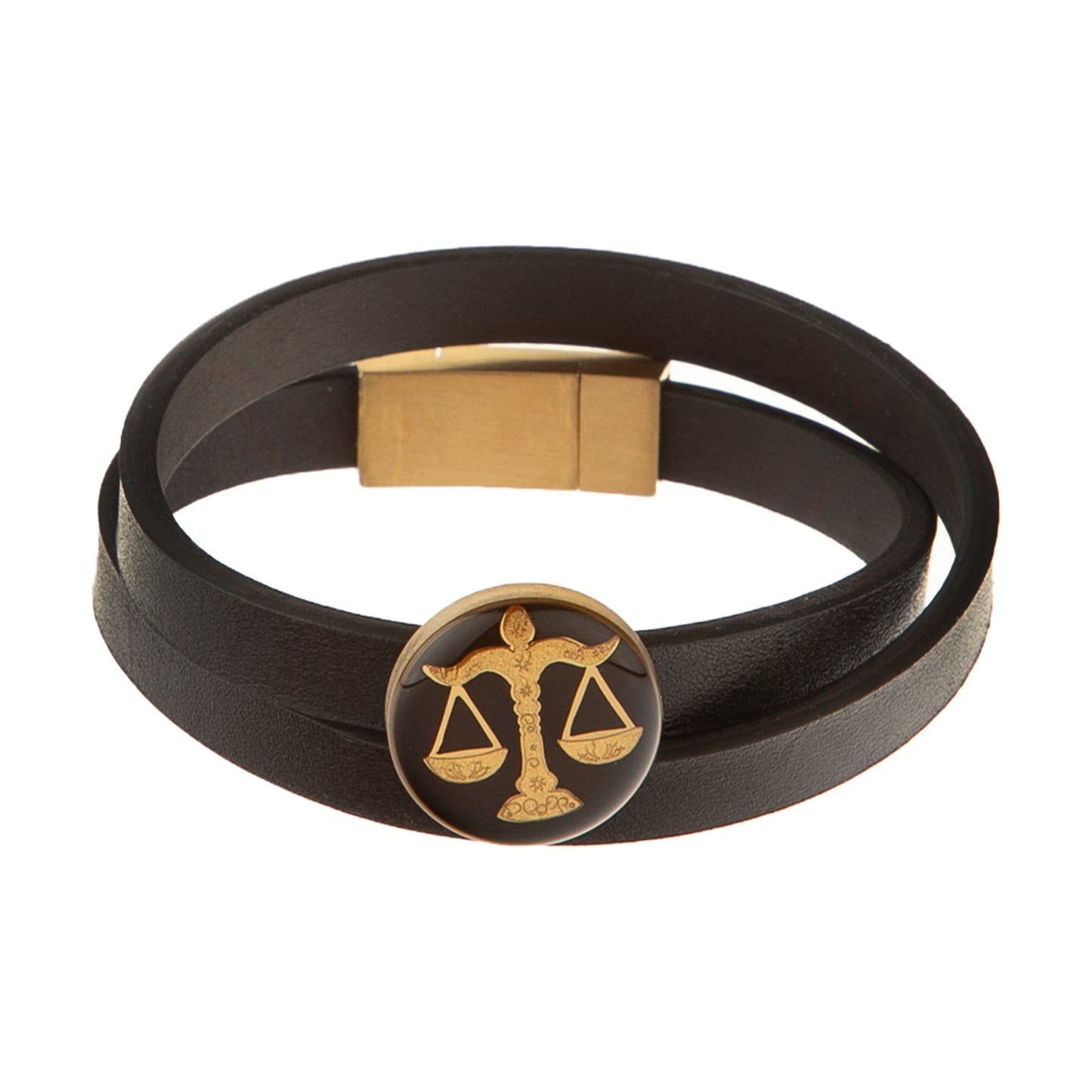 Leather bracelet, zodiac sign Libra, 24 carat gold leaf, stainless steel