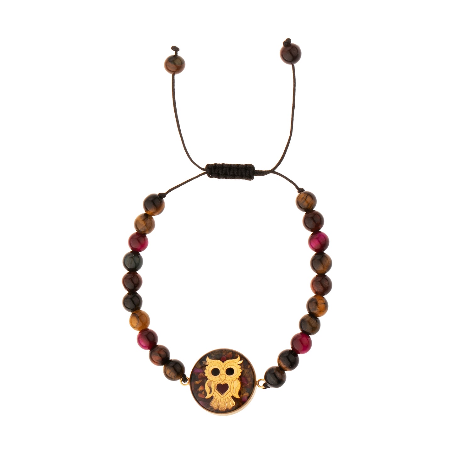 Stone Bracelet, Owl Design made of 24 carat gold leaf and Colorful Tiger Eye Gemstone