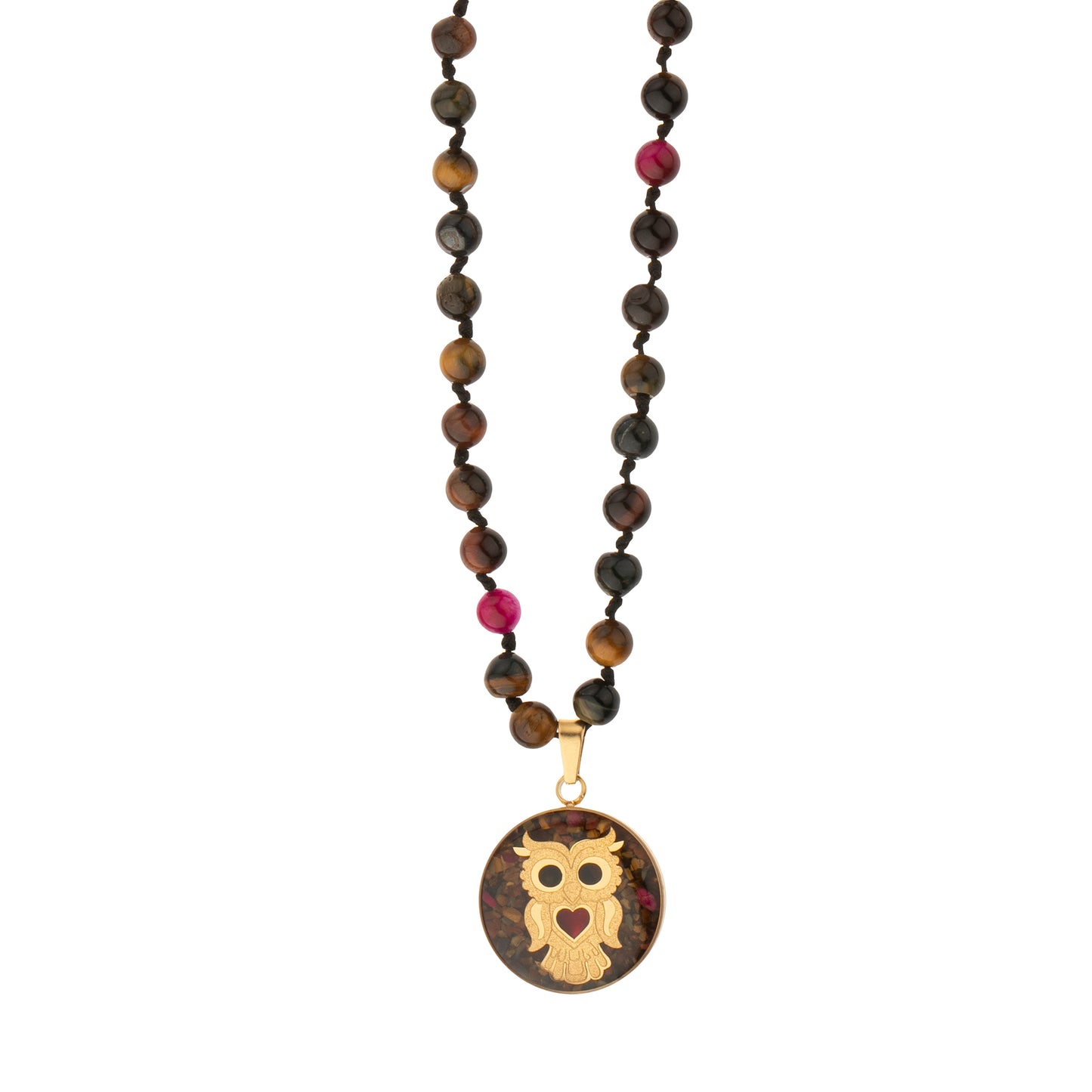 Necklace with owl design made of 24 carat gold leaf, colorful tiger eye
