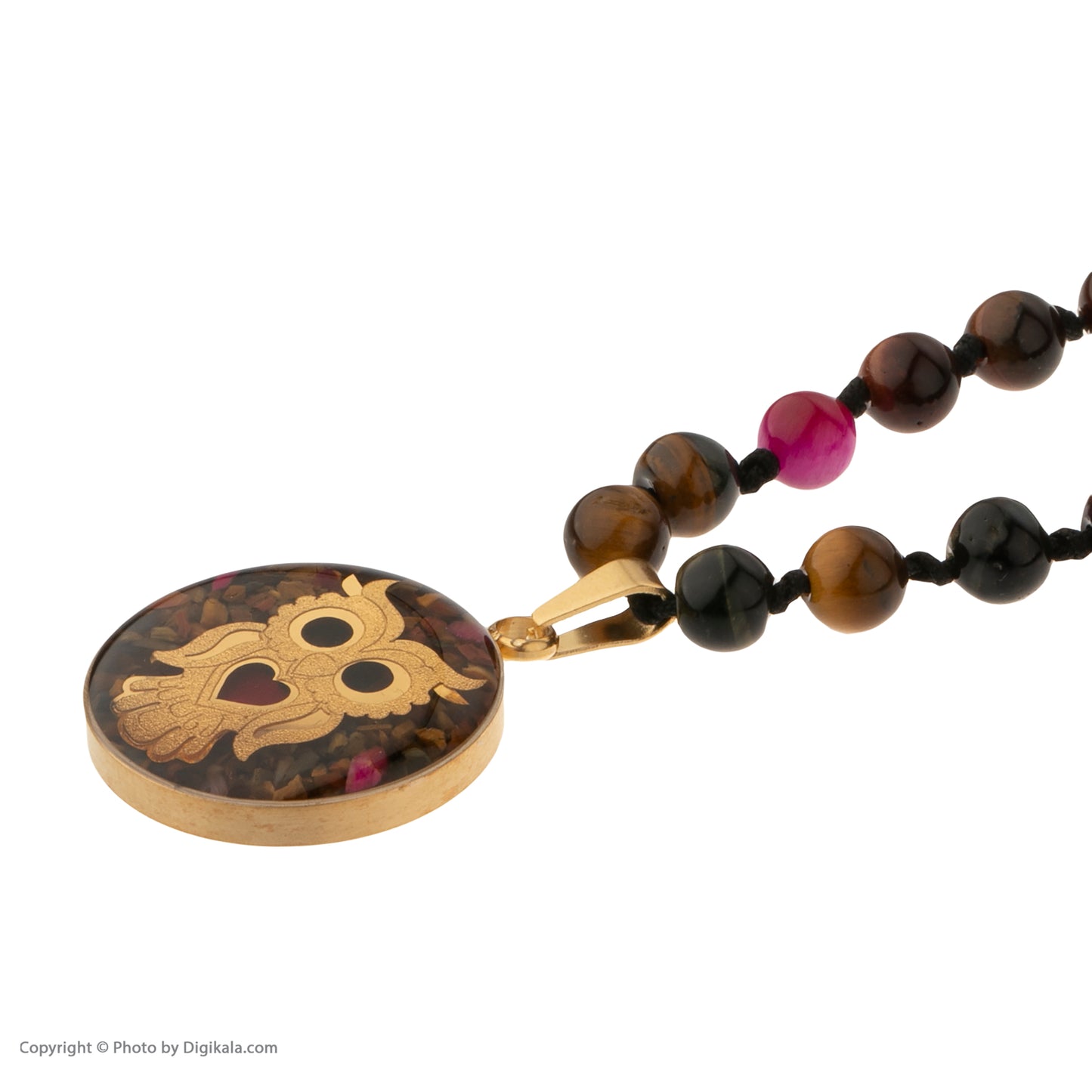 Necklace with owl design made of 24 carat gold leaf, colorful tiger eye