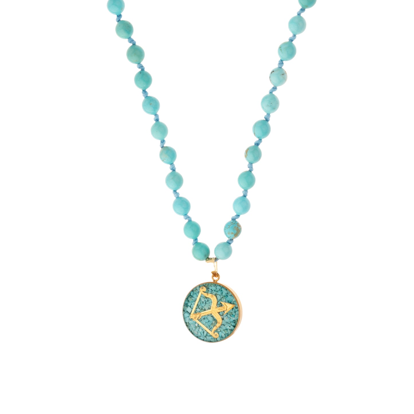 Necklace, zodiac sign Sagittarius, 24 carat gold leaf, stainless steel, turquoise gemstone