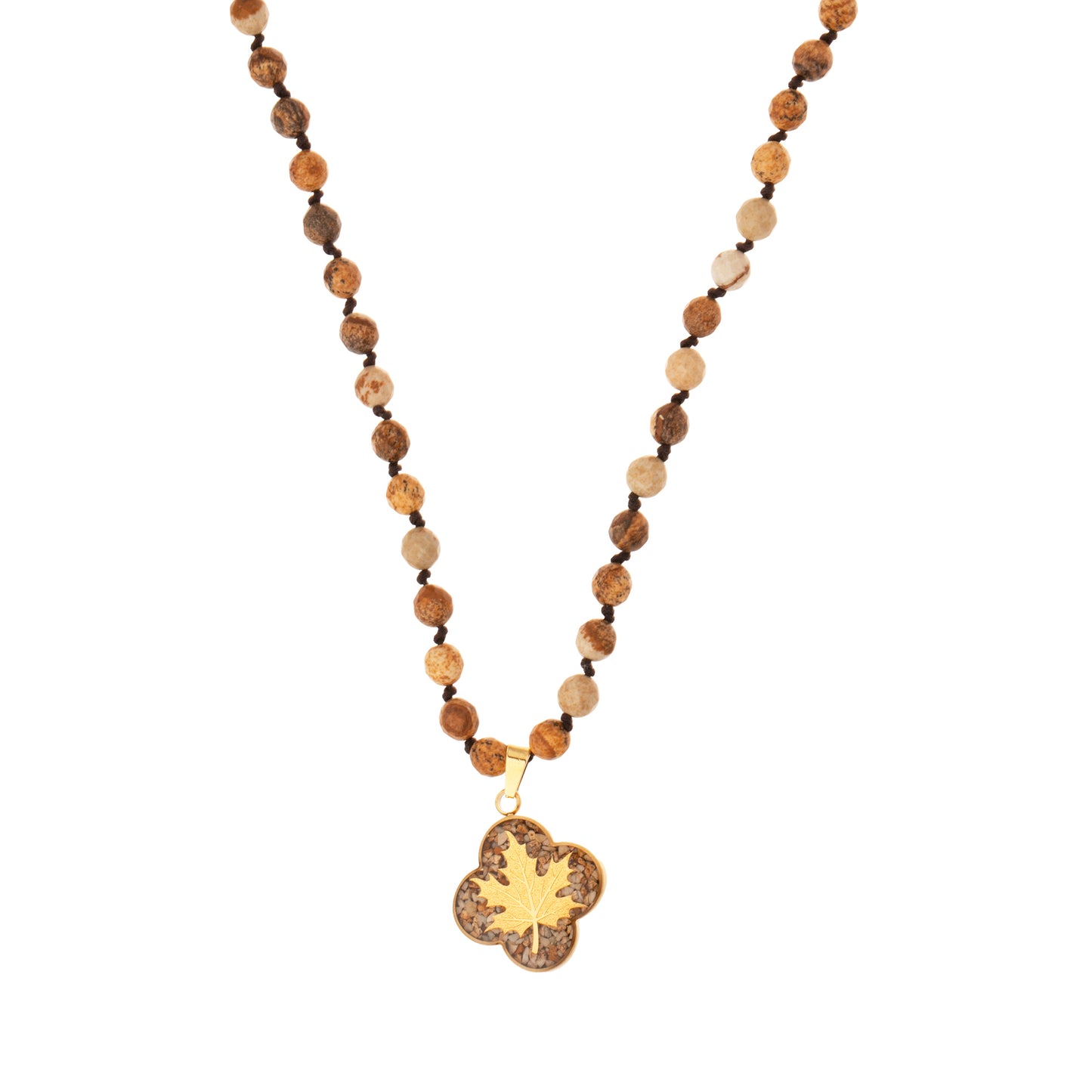 Jasper necklace with oak pendant made of 24 carat gold leaf