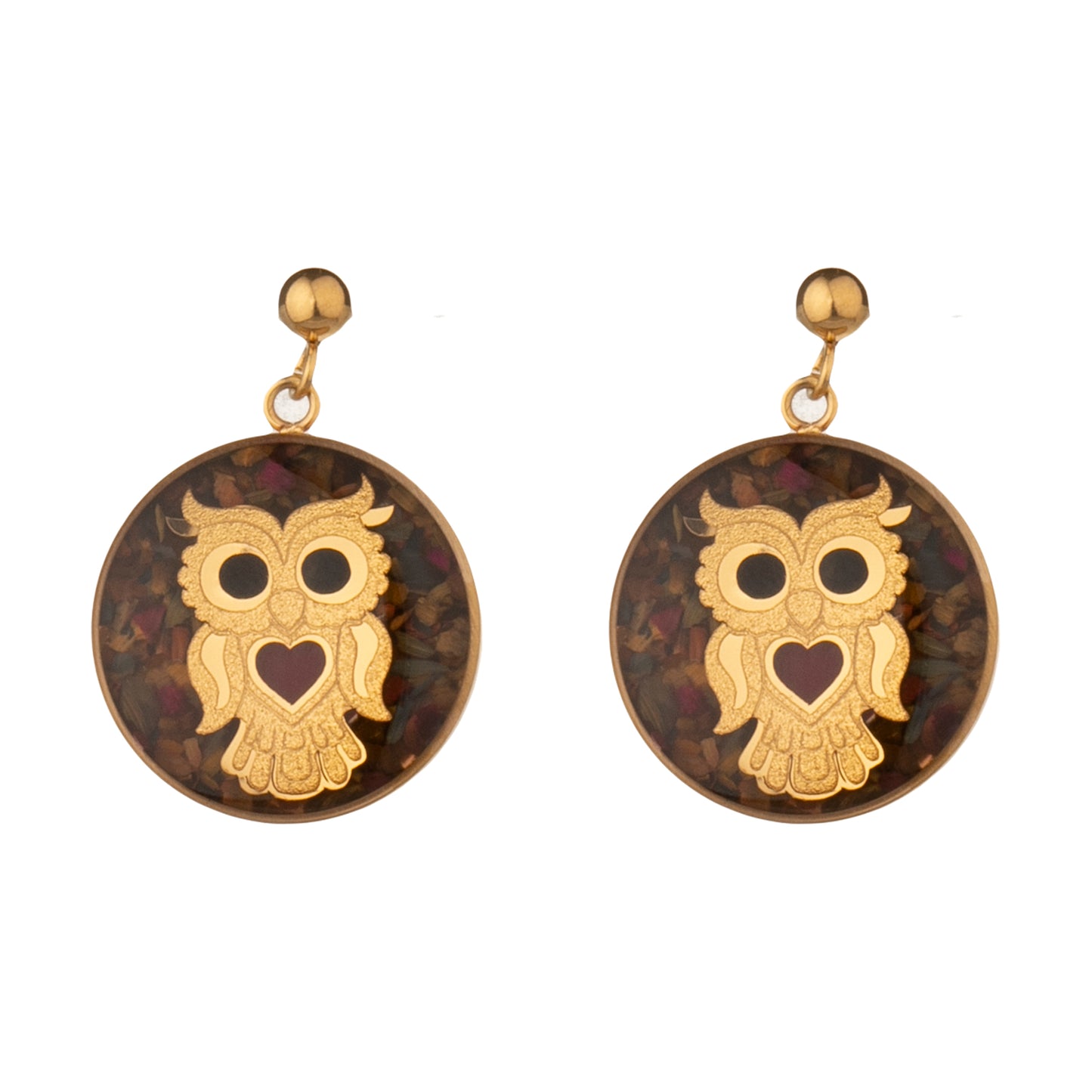 Earrings, owl design made of 24 carat gold leaf and gemstone tiger eye