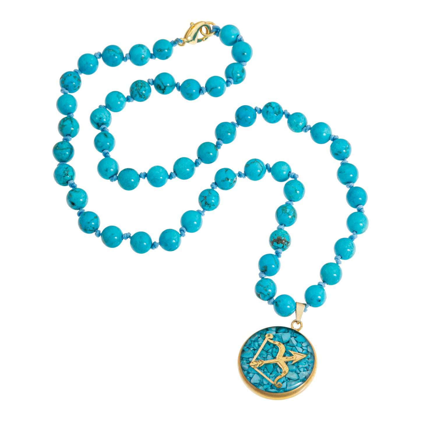 Necklace, zodiac sign Sagittarius, 24 carat gold leaf, stainless steel, turquoise gemstone