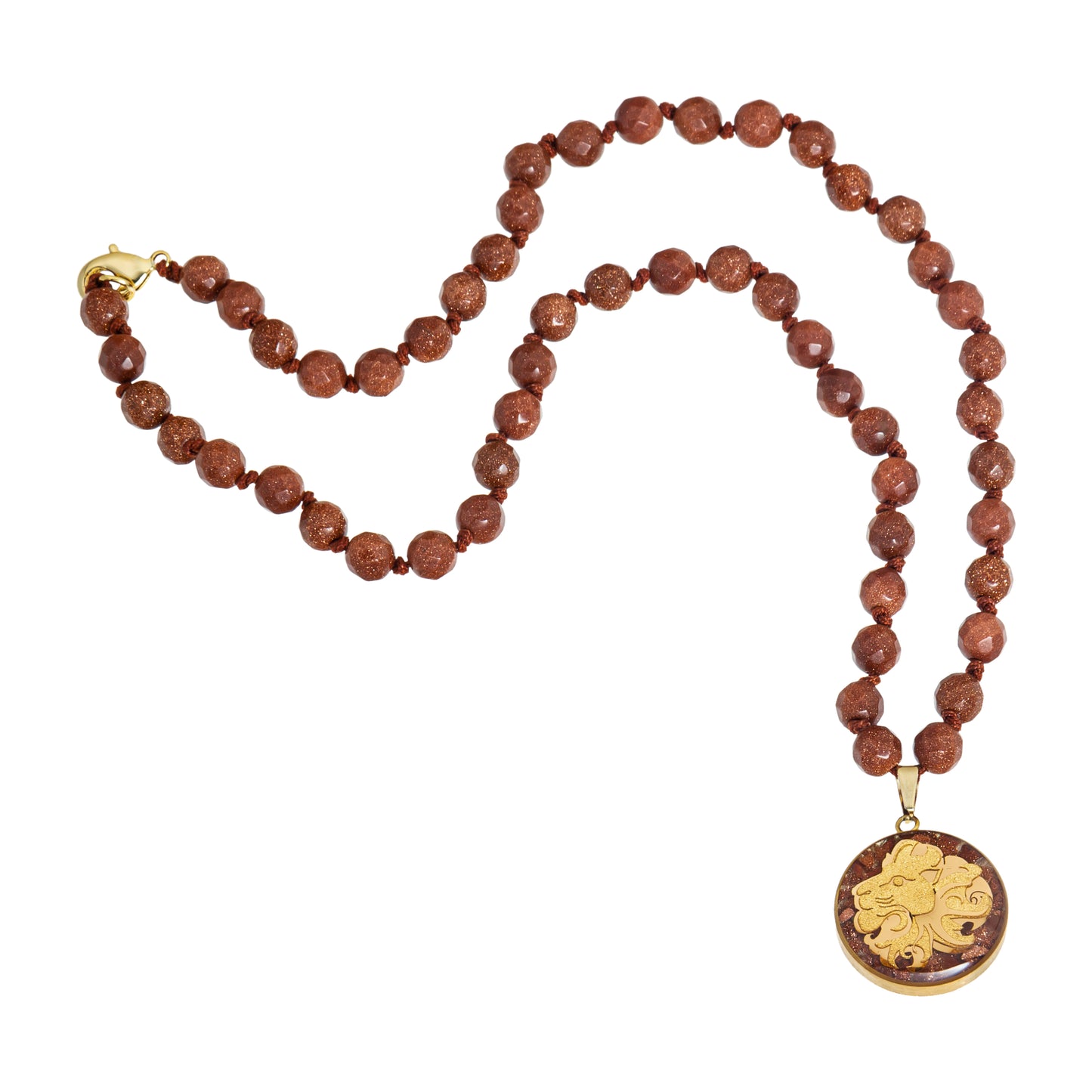 Necklace, zodiac sign Leo, 24 carat gold leaf, stainless steel, goldstone gemstone