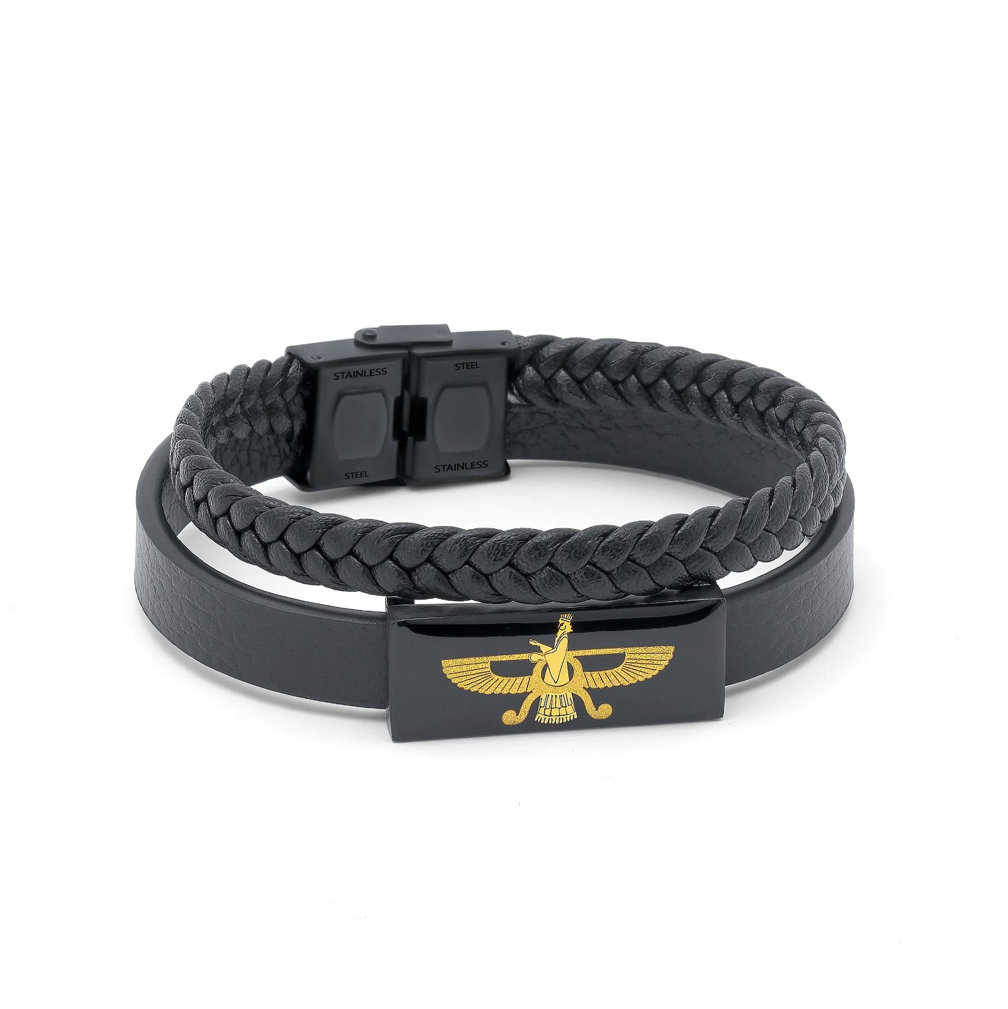 Leather braid bracelet, Farvahar, 24 carat gold leaf