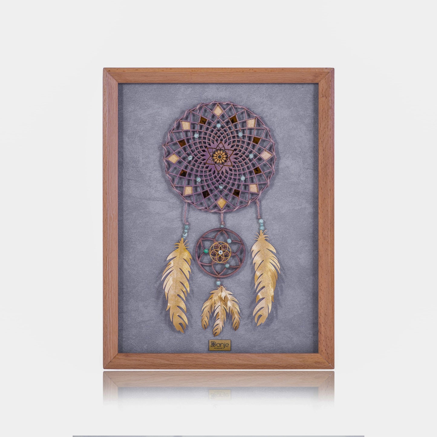 Wandbild, Dream Catcher -Design aus 24 Karat Blattgold, 42*32 cm Buchenholz Rahme
