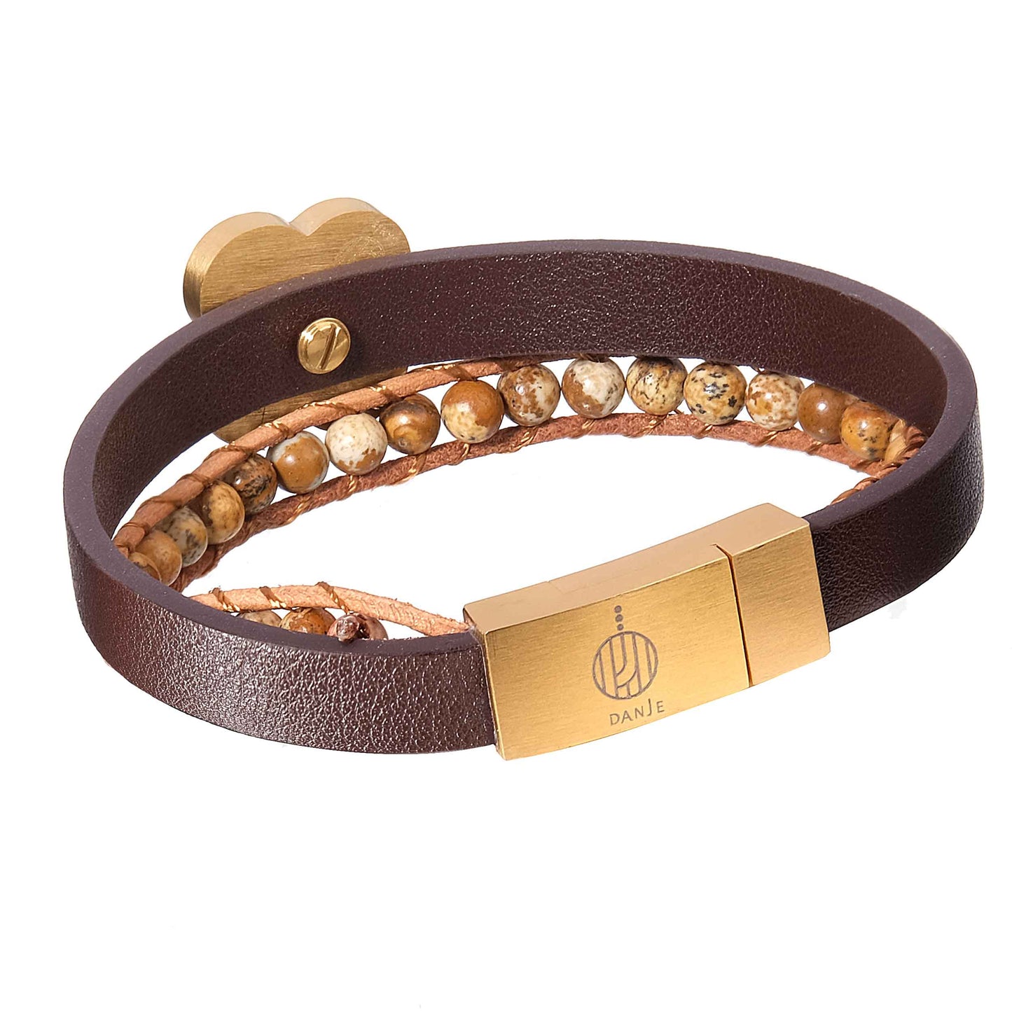 Leather-stone bracelet, oak design made of 24 carat gold leaf and jasper