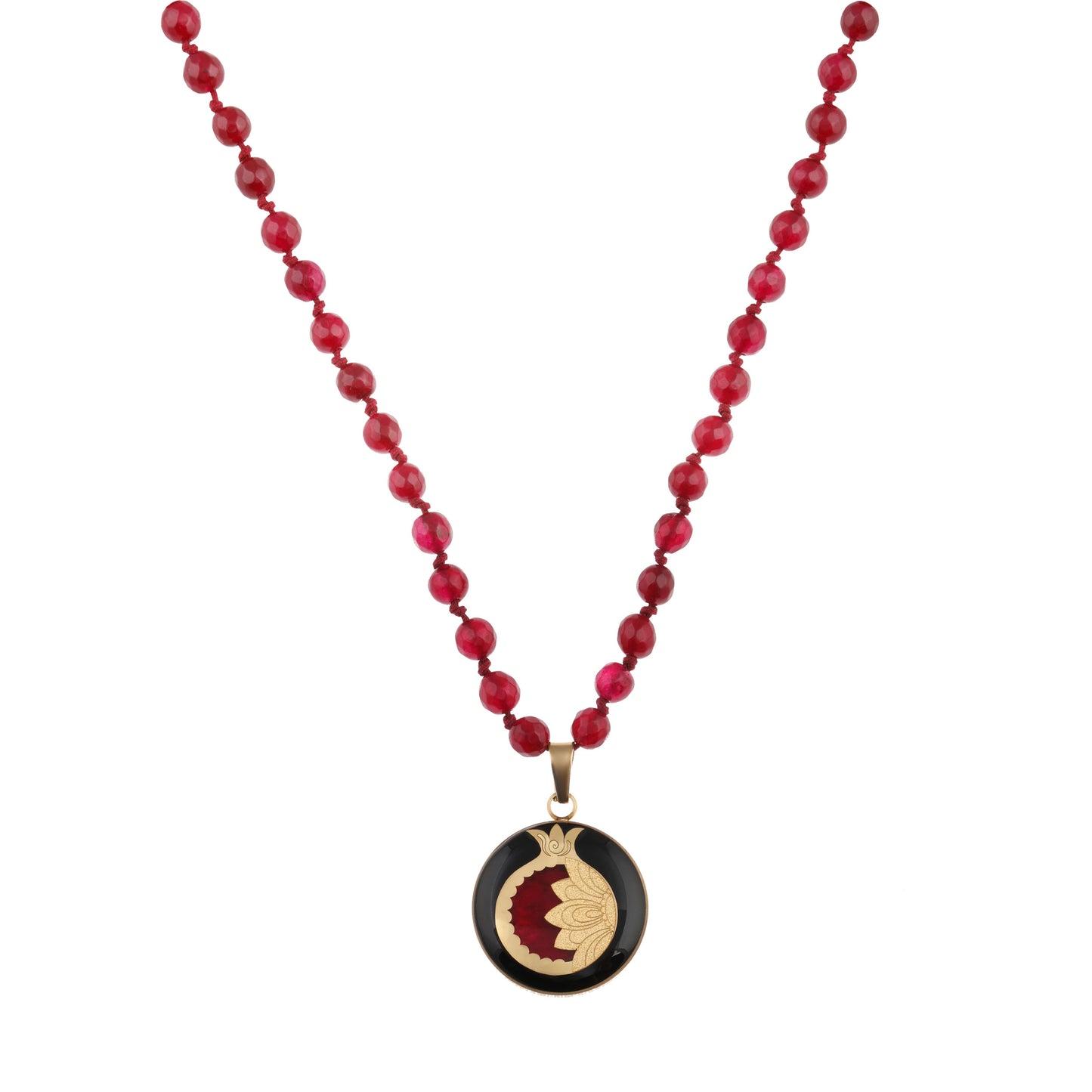 Necklace, Yalda, 24 carat gold leaf, stainless steel, red jade gemstone