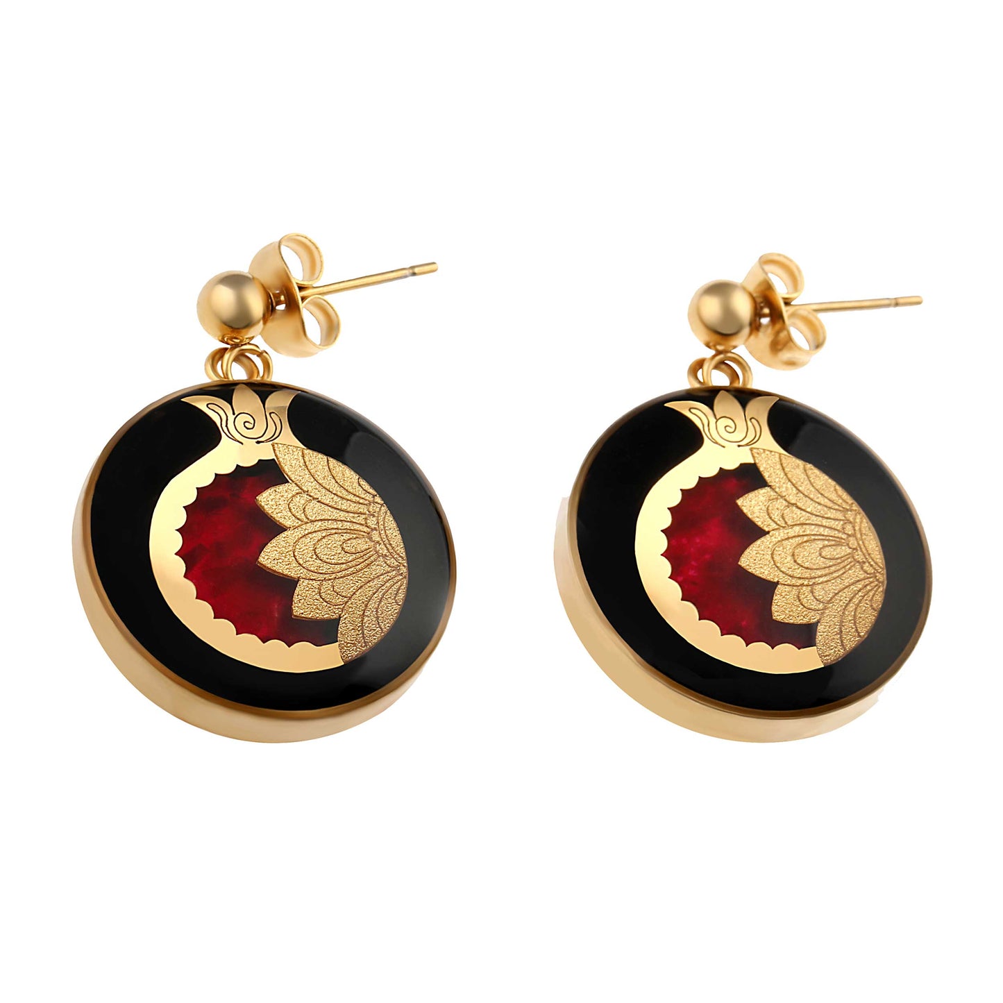 Earrings, Yalda, 24 carat gold leaf, red jade