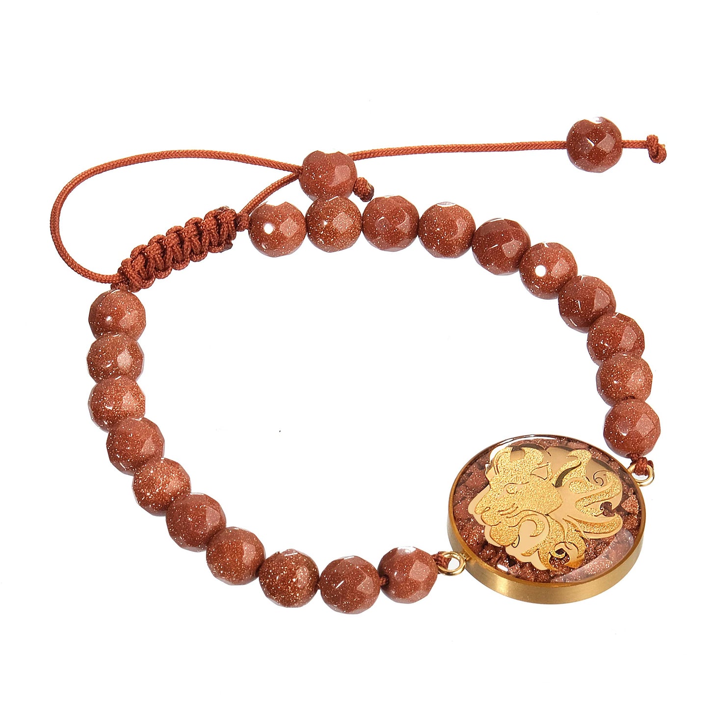 Bracelet, zodiac sign Leo, 24 carat gold leaf, stainless steel, goldstone gemstone