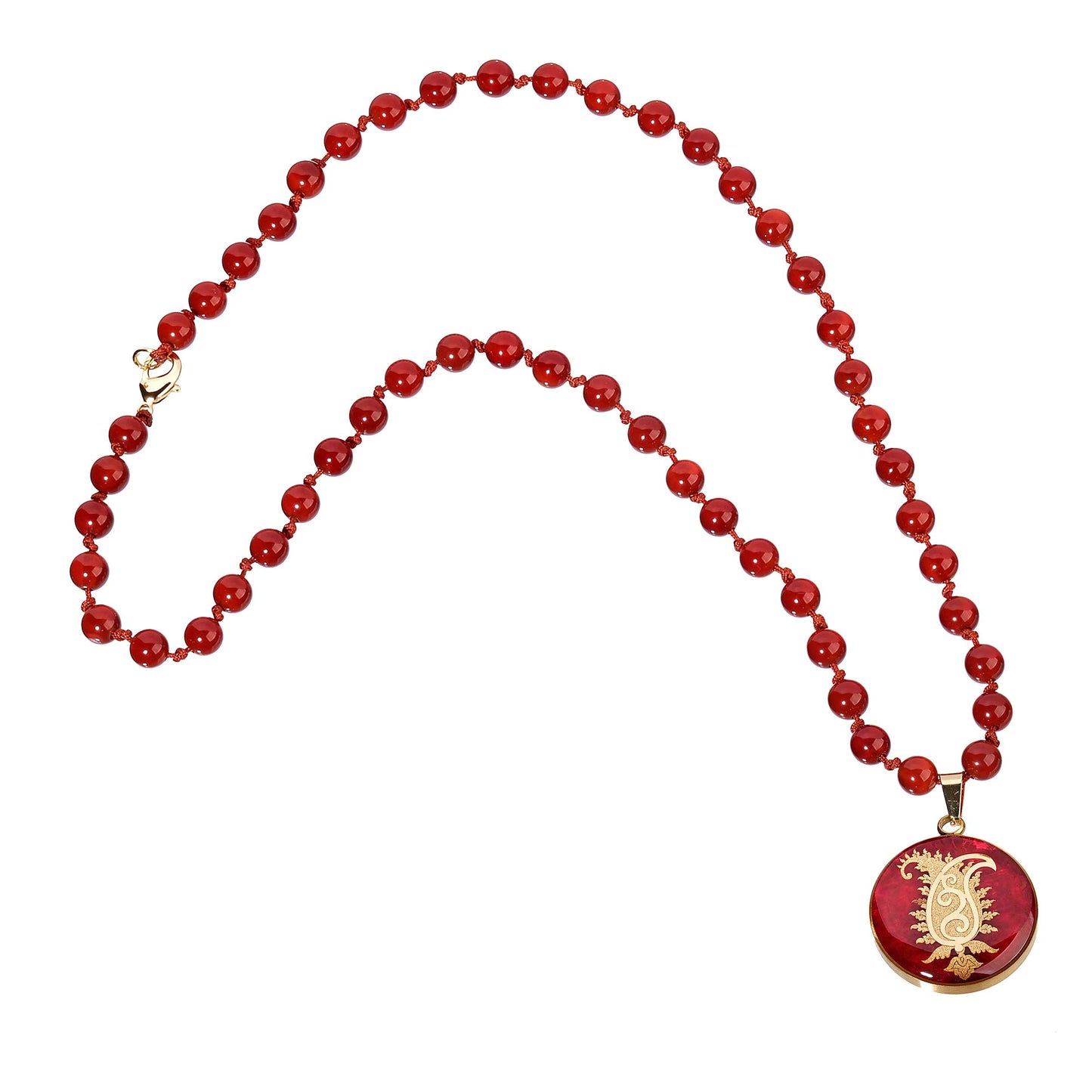 Agate necklace with paisley pendant, 24 carat gold leaf