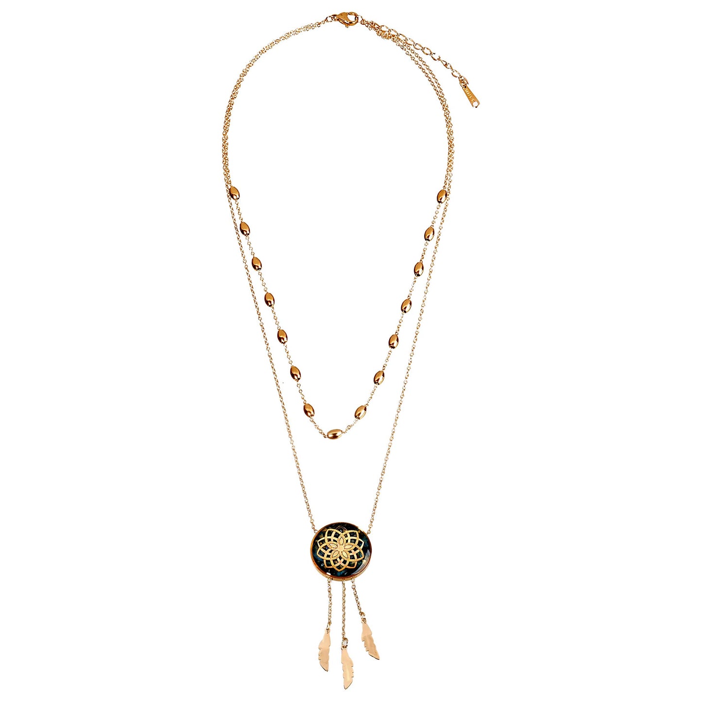 Necklace, Dreamcatcher, 24 carat gold leaf, green agate, stainless steel