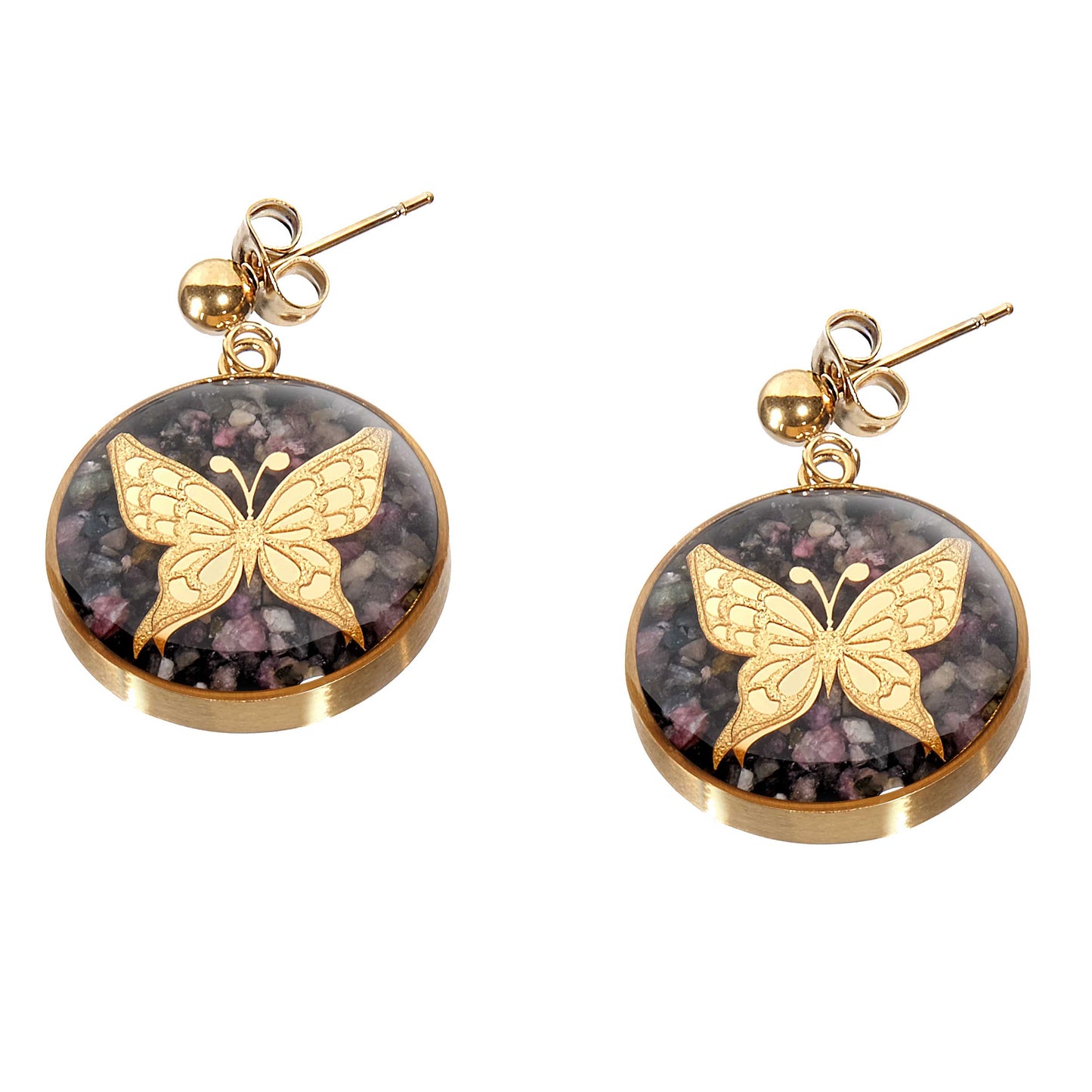 Earrings, butterfly made of 24 carat gold leaf, tourmaline