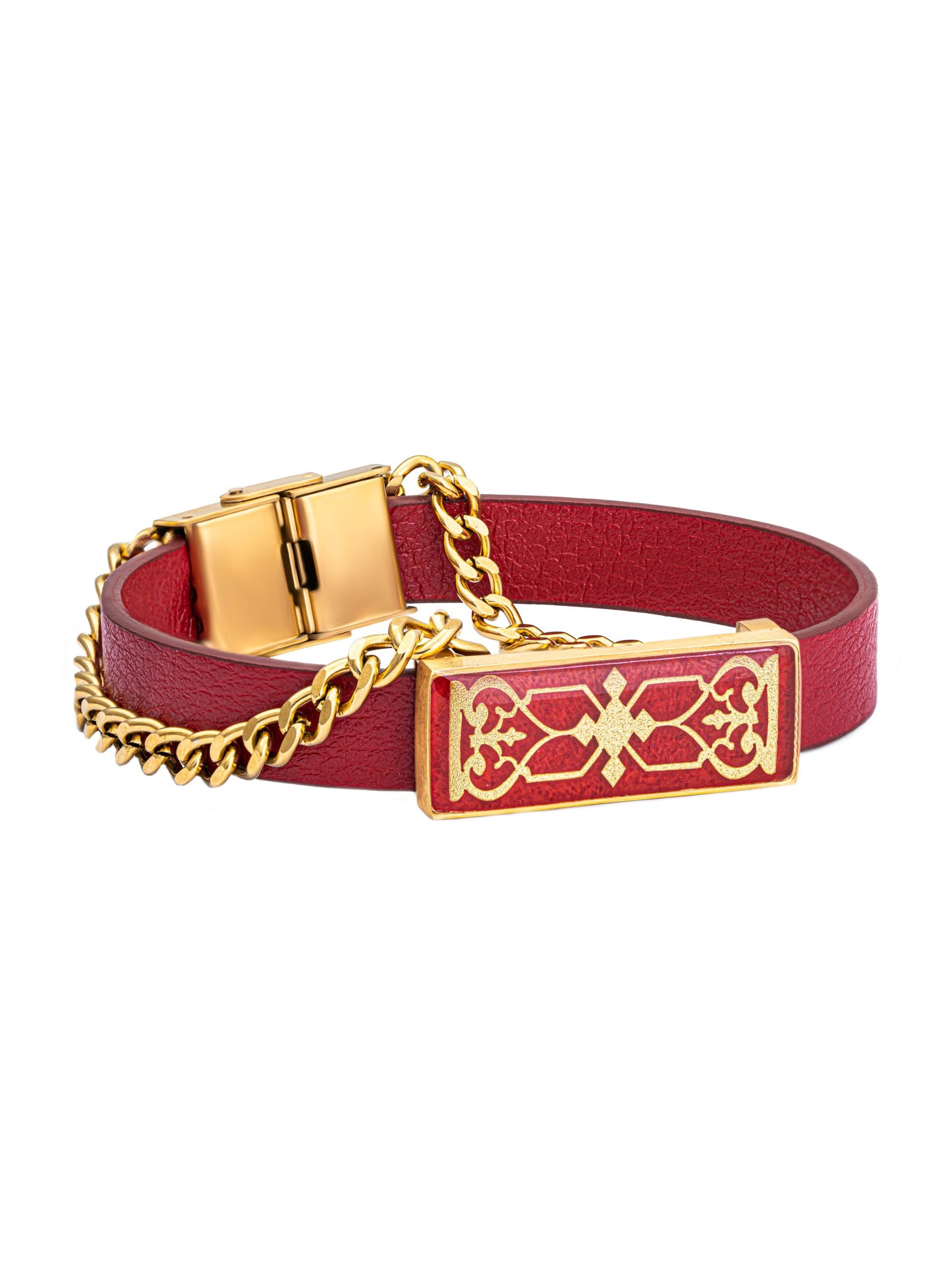 Leather bracelet, Cartier design, (Zarwan), made of 24 carat gold leaf and coral stone or onyx