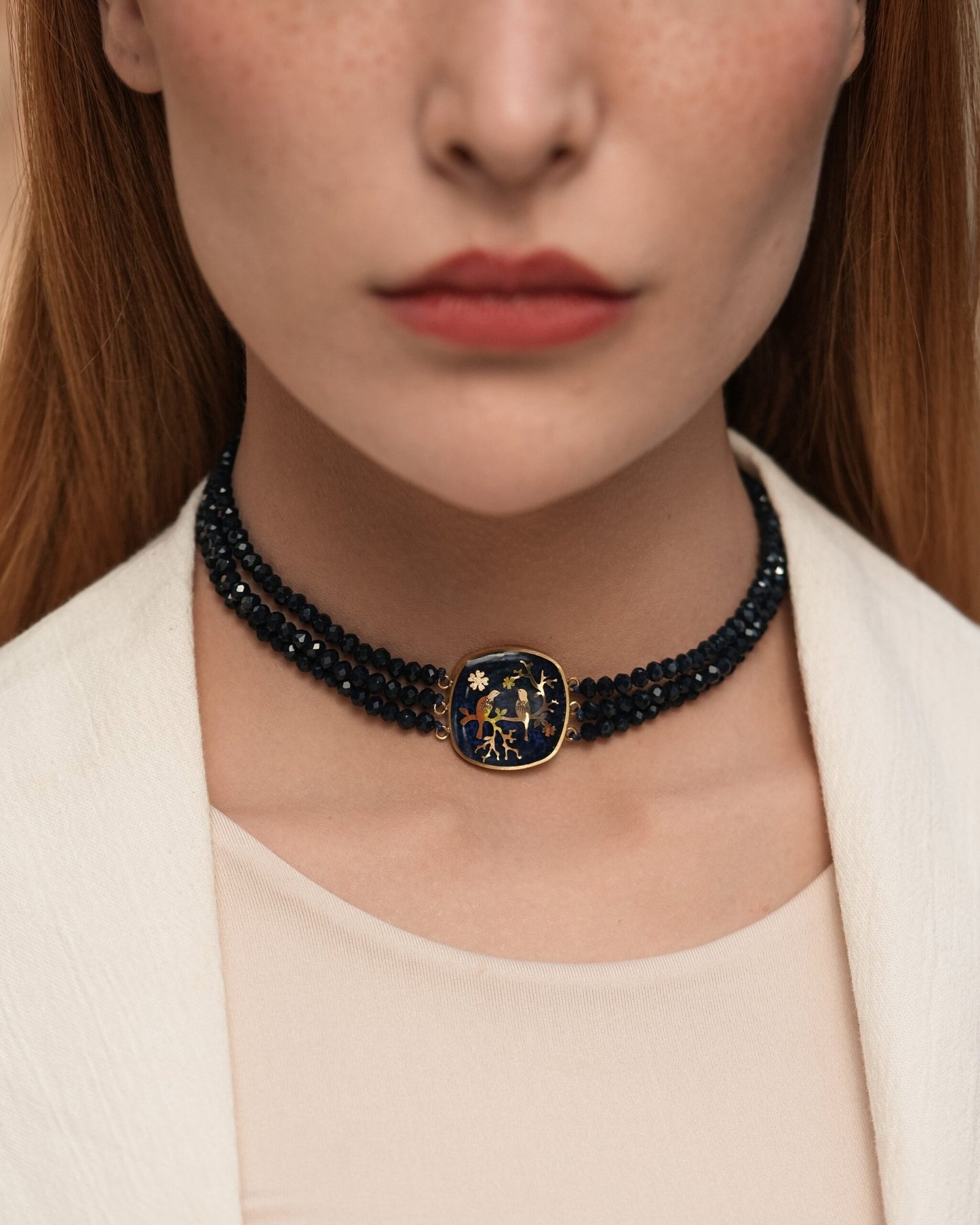 Necklace, Golestan design made of 24 carat gold leaf, dark blue tiger eye