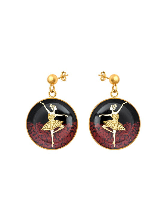 Earrings, ballerina made of 24 carat gold leaf, onyx and anti-allergic stainless steel