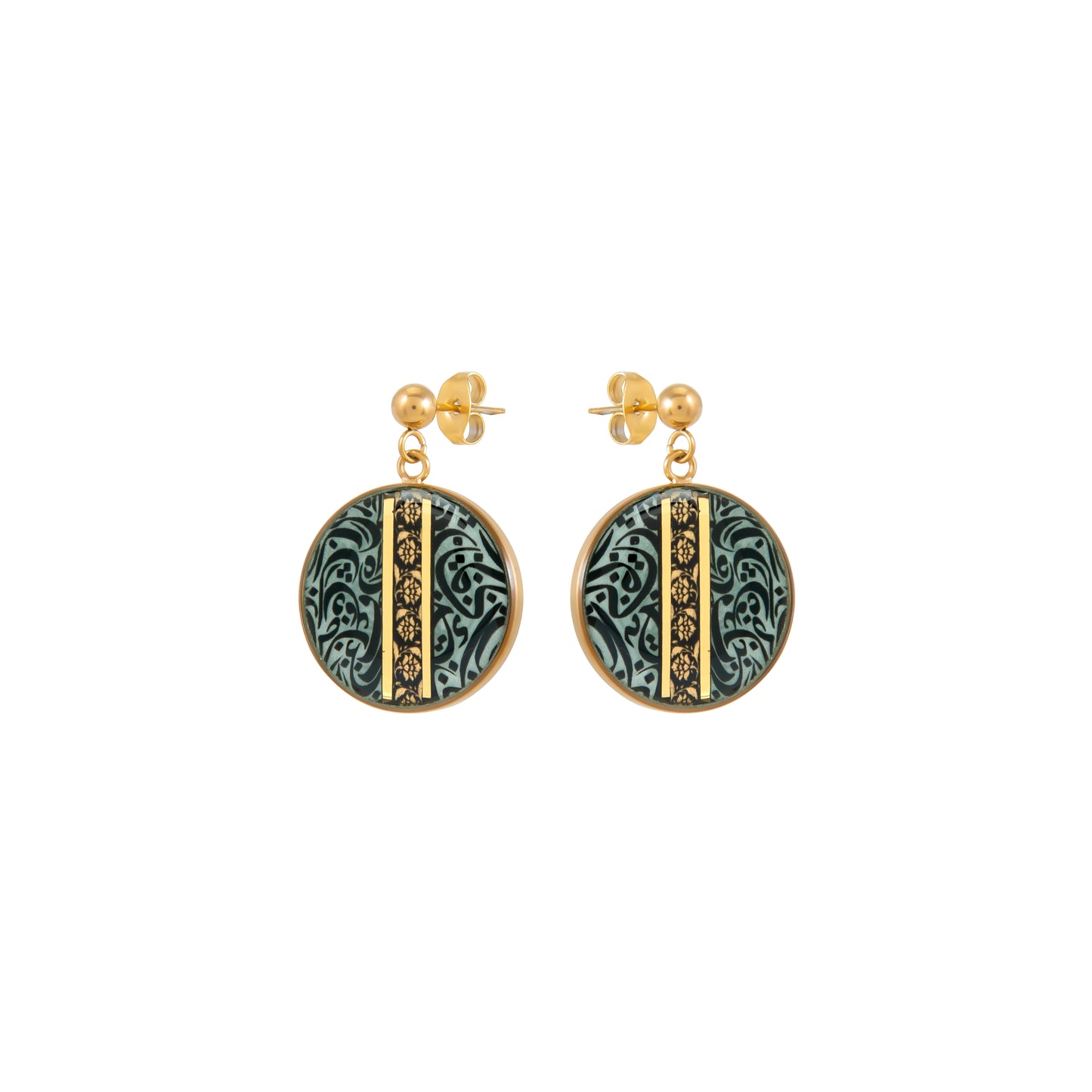 Earrings, Terme design made of 24 carat gold leaf, green agate