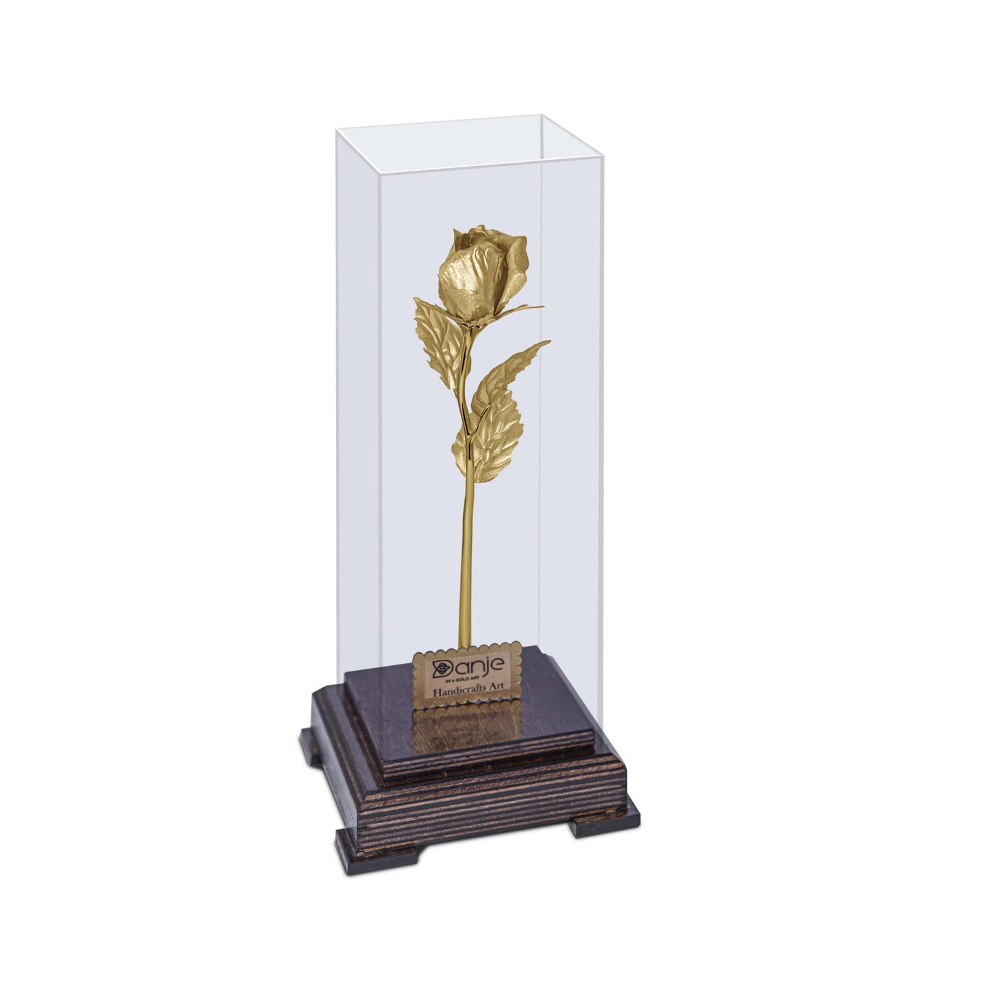 Skulptur einer Rosenknospe, 33*10, 24 Karat Blattgold, Sockel aus Holz