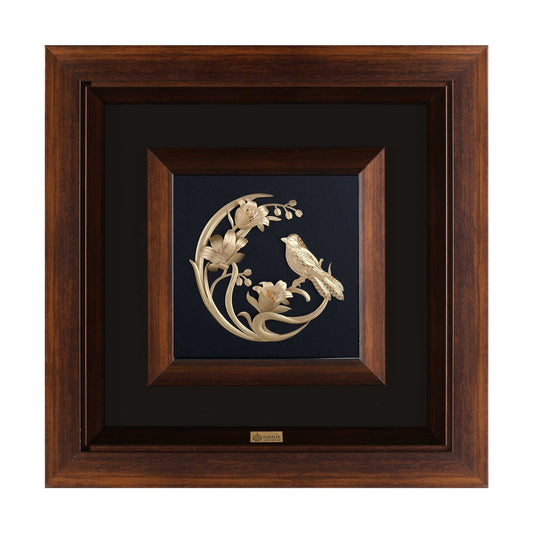 Wandbild, Naturbild mit Vogel und Blumen, 24 Karat Blattgold