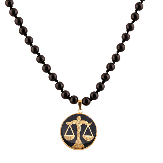 Necklace, zodiac sign Libra, 24 carat gold leaf, stainless steel, onyx gemstone