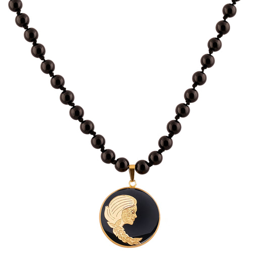 Necklace, Virgo Zodiac Sign, 24 Carat Gold Leaf, Stainless Steel, Onyx Gemstone