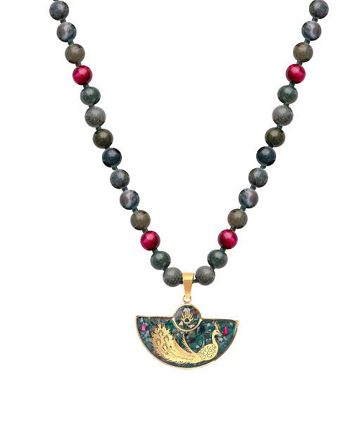 Agate stone necklace with peacock pendant made of 24 carat gold leaf