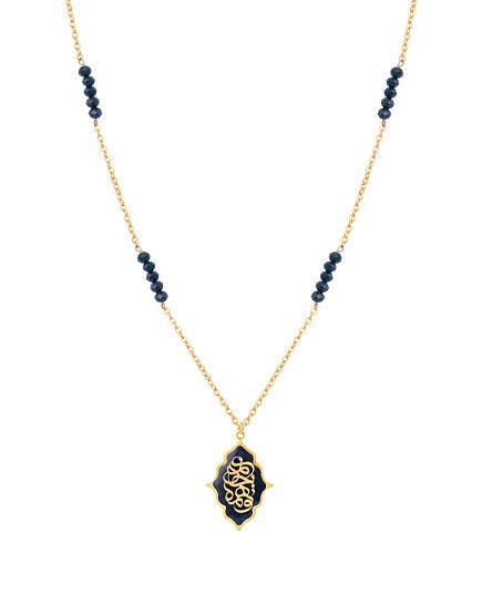 Necklace with (jane mani) pendant made of 24 carat gold leaf and dark blue agate