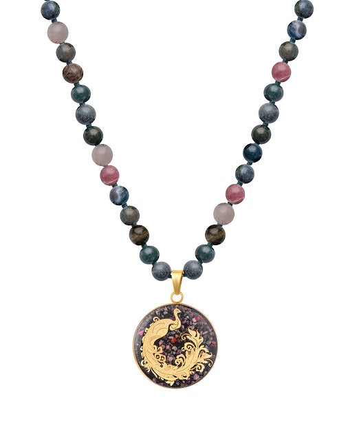 Tourmaline necklace with peacock pendant made of 24 carat gold leaf