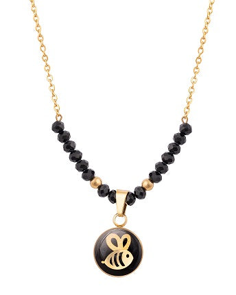 Necklace with Bee pendant made of 24 carat gold leaf and onyx