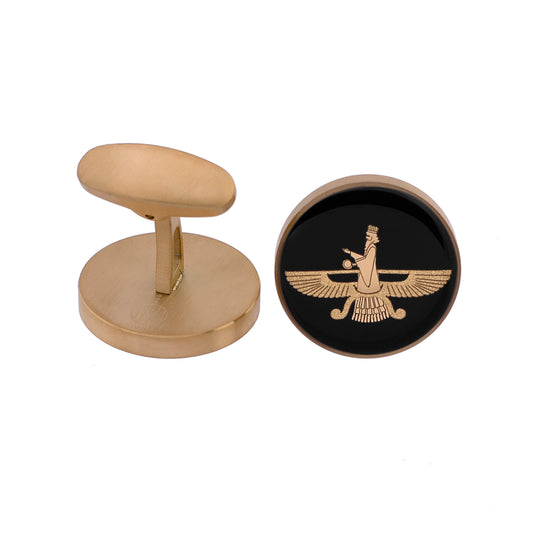 Cufflinks, Farvahar, 24 carat gold leaf and onyx