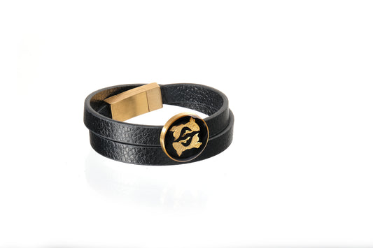 Leather bracelet, zodiac sign Pisces, 24 carat gold leaf, stainless steel
