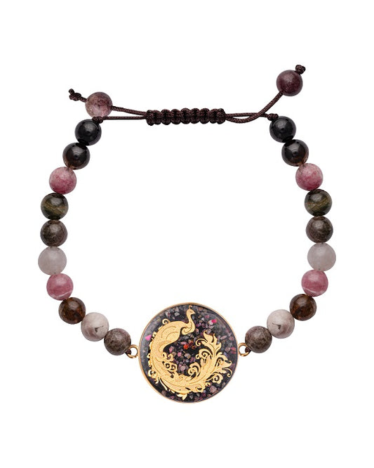 Tourmaline bracelet with peacock design made of 24 carat gold leaf