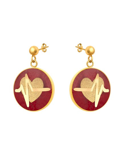 Earrings, heart designs made of 24 carat gold leaf and red jade, anti-allergy stainless steel