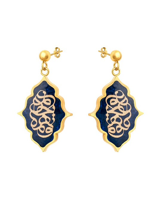 Earrings, To jane mani design made of 24 carat gold leaf and dark blue agate, anti-allergic stainless steel