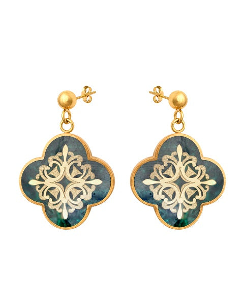 Earrings, Huma design made of 24 carat gold leaf and agate, anti-allergic stainless steel