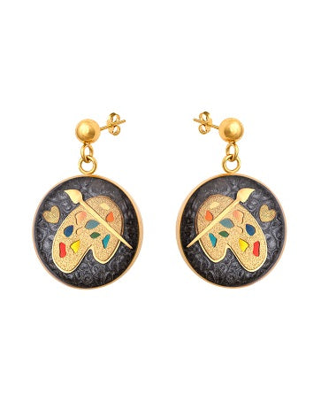 Earrings, color palette design made of 24 carat gold leaf, gray agate