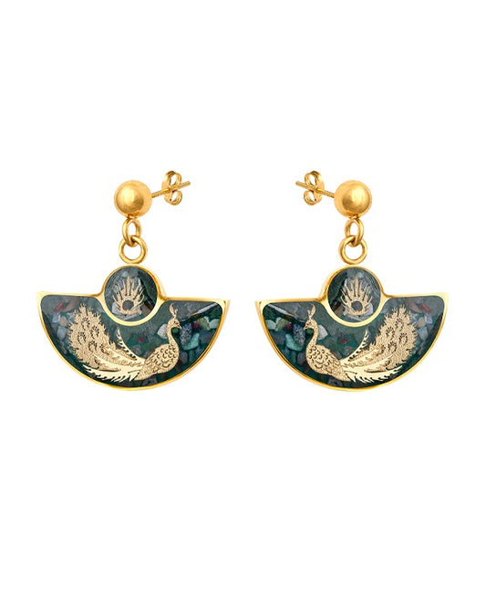 Earrings, peacock made of 24 carat gold leaf, agate, anti-allergic stainless steel