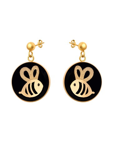 Stud earrings, Bee design made of 24 carat gold leaf and onyx