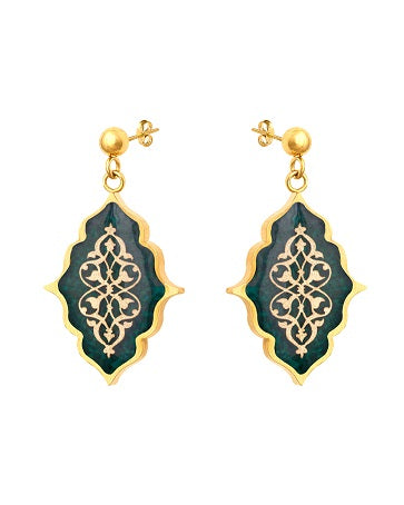 Earrings Pichak, 24 carat gold leaf, green agate stone