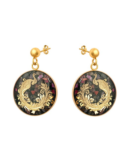 Tourmaline earrings, peacock design made of 24 carat gold leaf and anti-allergic stainless steel